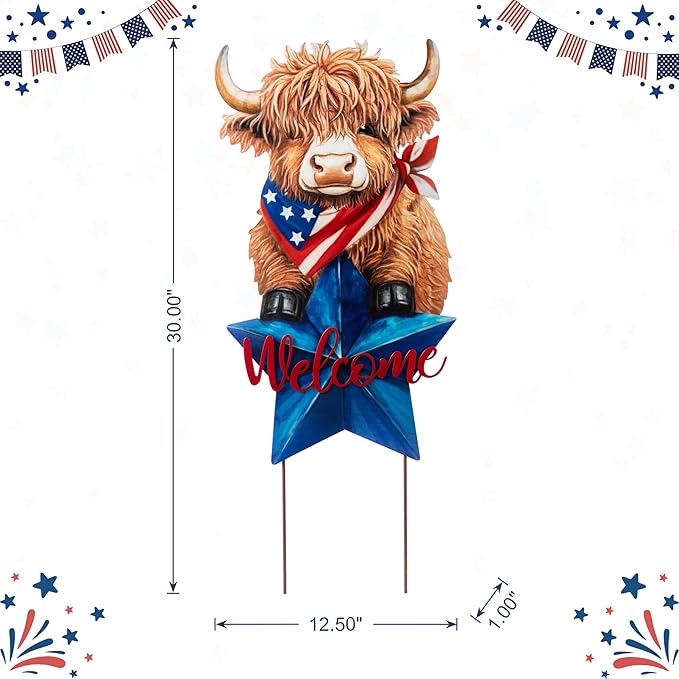 Glitzhome 4th of July Highland Cow Outdoor Decor, 30"H Patriotic Highland Cow Welcome Garden Stake or Wall Decor,Metal Calf Lovers Yard Signs for Independence Day Memorial Day Lawn Garden Decorations