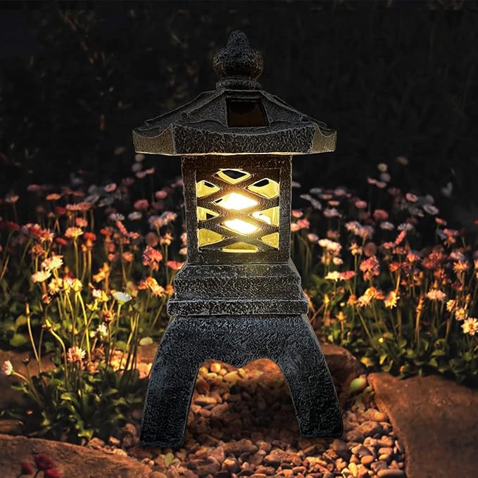 13 Inch Solar Pagoda Lantern Outdoor Statue, Pagoda Sculpture with Solar Lotus Light Asian Decor Zen Garden Art Japanese Temple Pagoda Lamp for Patio Yard Lawn Home Decorations Ornament Gift