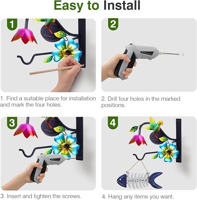 Lewondr Plant Hangers with Solar Light,9 Inch Metal Hanging Plant Bracket Outside,Hummingbird Plant Wall Hook Solar Lights Outdoor for Wall,Flower Basket,Bird Feeder,Lantern,Wind Chime,2 Pack