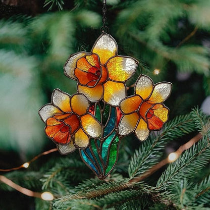Daffodil Faux Mosaic Style Acrylic Suncatcher Stained Glass Effect Window Car Hanging Christmas Ornament Indoor Outdoor Decor Garden Sun Catcher Panel for Floral Lover for Women Mom Grandma