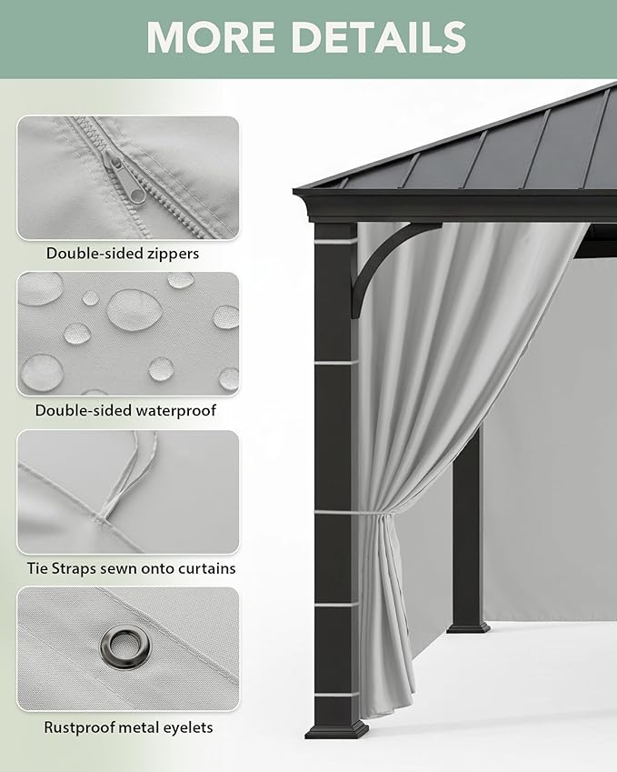 Gazebo Curtains Outdoor Waterproof - 10'Wx12'Lx7.9'H Gazebo Universal Replacement Privacy Curtains, 4 Panels Sidewall Drapes with Zipper for Patio Pergola Garden Backyard, Silver