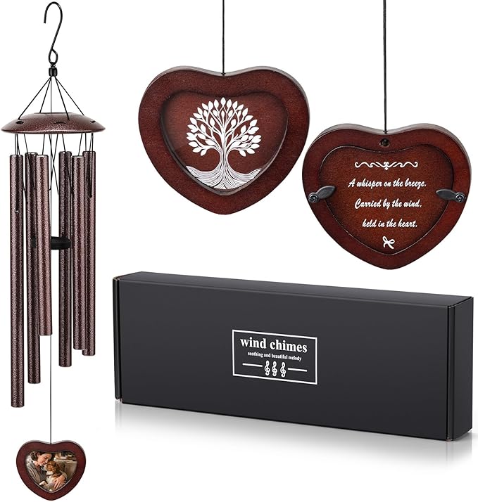 32 Inch Memorial Wind Chime Outdoor, w/Heart Shaped Photo Holder for Bereavement or Pet Remembrance, Wind Chimes for Loss of Loved One, Wind Chimes Outdoor for Porch, Garden, Cemetery - Bronze
