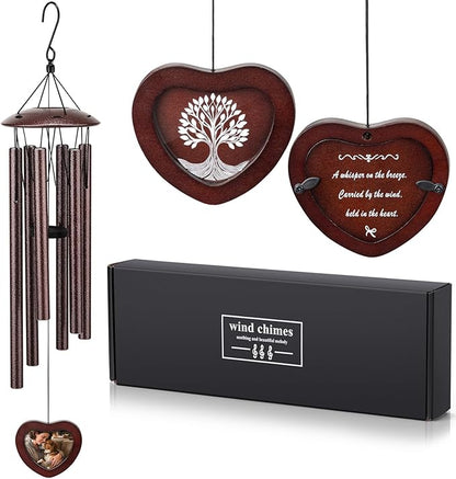 32 Inch Memorial Wind Chime Outdoor, w/Heart Shaped Photo Holder for Bereavement or Pet Remembrance, Wind Chimes for Loss of Loved One, Wind Chimes Outdoor for Porch, Garden, Cemetery - Bronze