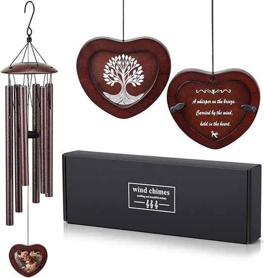 32 Inch Memorial Wind Chime Outdoor, w/Heart Shaped Photo Holder for Bereavement or Pet Remembrance, Wind Chimes for Loss of Loved One, Wind Chimes Outdoor for Porch, Garden, Cemetery - Bronze