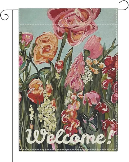 Welocome Spring Flower Garden Flag Oil Painting Pink Floral Spring Garden Flag Decor Double Sided House Flag for Outside Yard Decorations 12×18 Inch