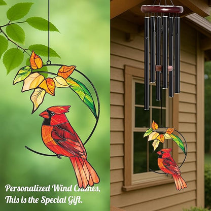 Personalized Metal Wind Chime Garden Sign, 40 Inch Outdoor Colorful Bird & Flower Memorial Decor, Yard Hanging Plaque for Patio Porch Lawn (JSTY373)