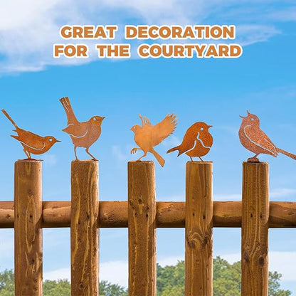 5PCS Rusty Metal Birds Decorations, Garden Yard Art Outdoor Ornaments, Bird Silhouette Statues for Fence Trees, Rustic Cardinal Gifts Spring Decorations (Style B)