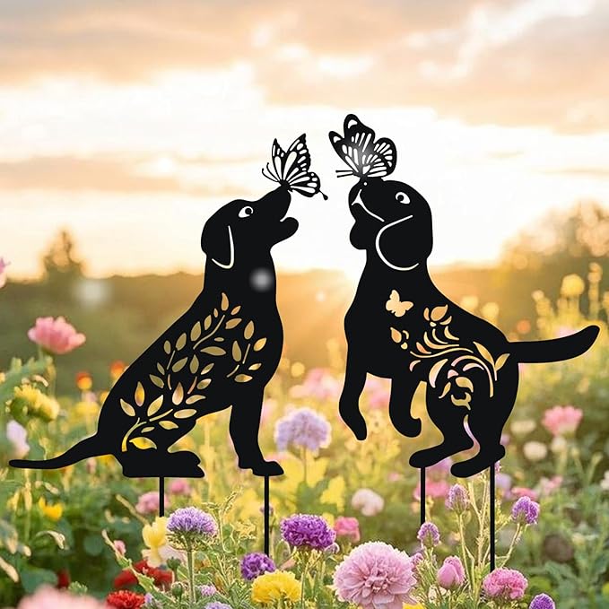WONDER GARDEN Metal Dog Decor for Outside - 2 Pack Garden Stakes Decorative, Black Dog Silhouette Statues Lawn Ornaments Yard Patio Decor Women Men Mom Gifts
