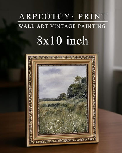 ARPEOTCY Vintage Gold Framed Wall Art, Farmhouse Meadow Landscape Country Painting, 8x10 inch Small Moody Rustic Canvas Picture Prints with Frame, Victorian Wall Decor for Living Room Bedroom Shelf