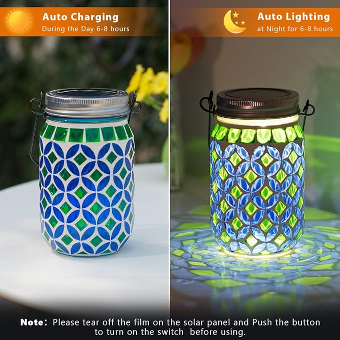 Stargarden 2 Pack Mosaic Solar Lantern , Outdoor Hanging Lantern Waterproof Table Lamp Mosaic Night Light for Tree, Garden, Patio, Yard, Outdoor(Blue Green)