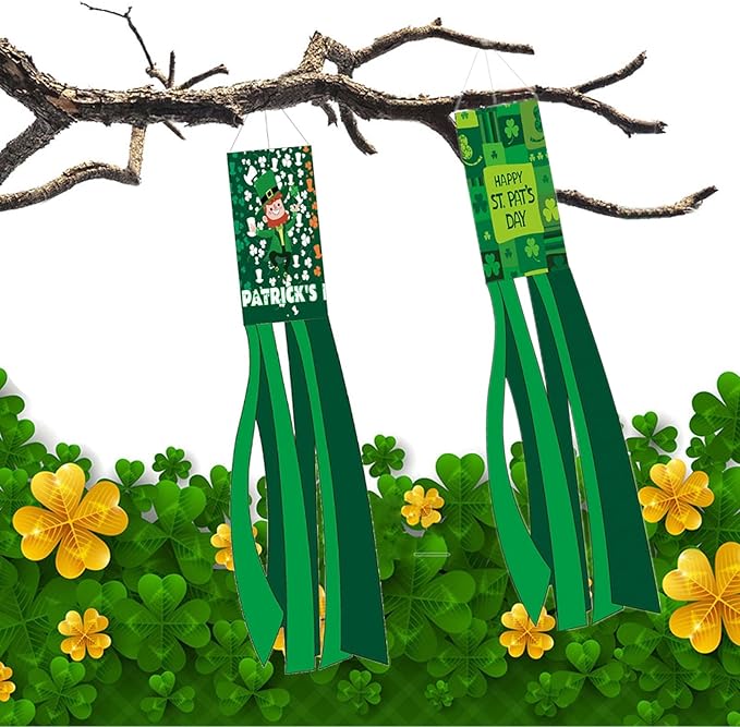 2PCS 40'' St. Patrick's Day Windsocks, Shamrock Wind Sock Flag Outdoor Decor, Saint Patrick's Day Holiday Hanging Flag for Yard Garden Patio Porch (Green)