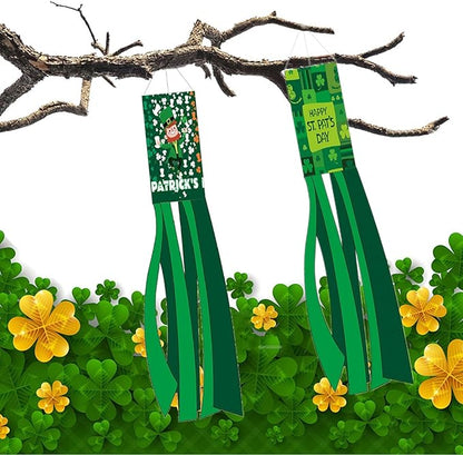 2PCS 40'' St. Patrick's Day Windsocks, Shamrock Wind Sock Flag Outdoor Decor, Saint Patrick's Day Holiday Hanging Flag for Yard Garden Patio Porch (Green)