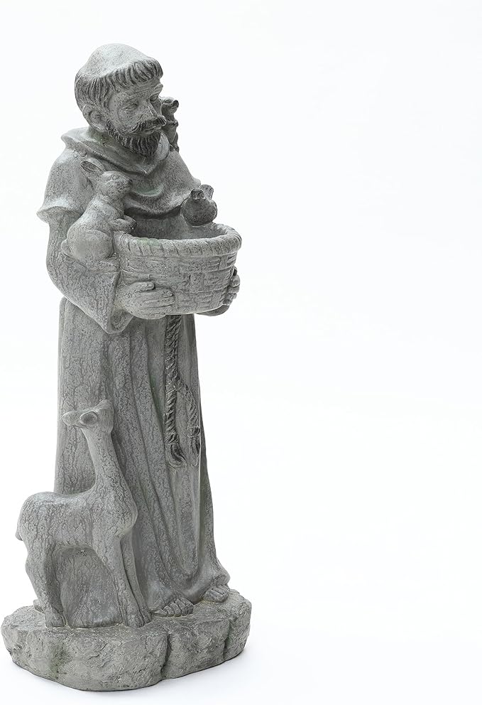LuxenHome Outdoor St. Francis Statues, 27.6" Saint Francis of Assisi MgO Garden Statue with Animal & Birdbath Bowl, Religious Statues for Patio Yard Home Decor, Outdoor Garden Sculptures