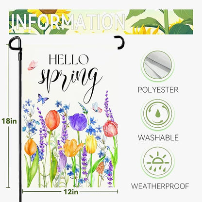 Hello Spring Garden Flags Tulip Lavender Yard Flag Butterflies Floral Seasonal Garden Flags Welcome Spring Flowers Rustic Home Banner for Outdoor House Summer Decoration