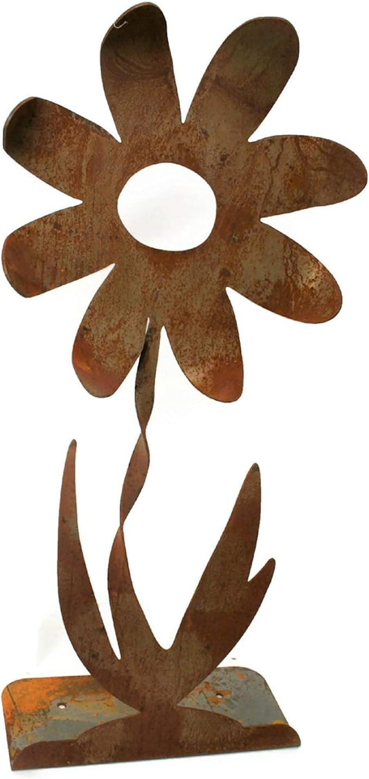 Metal Rustic and Colorful Flower Stakes Ranging from 9.5 to 36 Inches Tall (Twisted Daisy on Flat Base 36" Tall, Naturally Rusted)