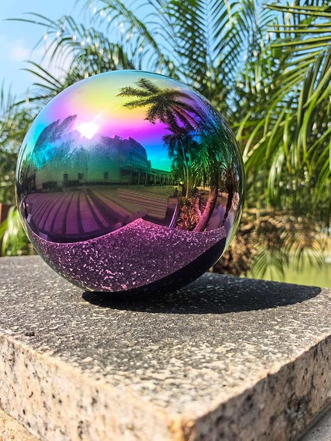 Gazing Ball for Garden Decor - 8-Inch Hollow Metal Sphere for Outdoor & Indoor Use, Patio, Yard, Flower Bed Accent Piece (Rainbow)