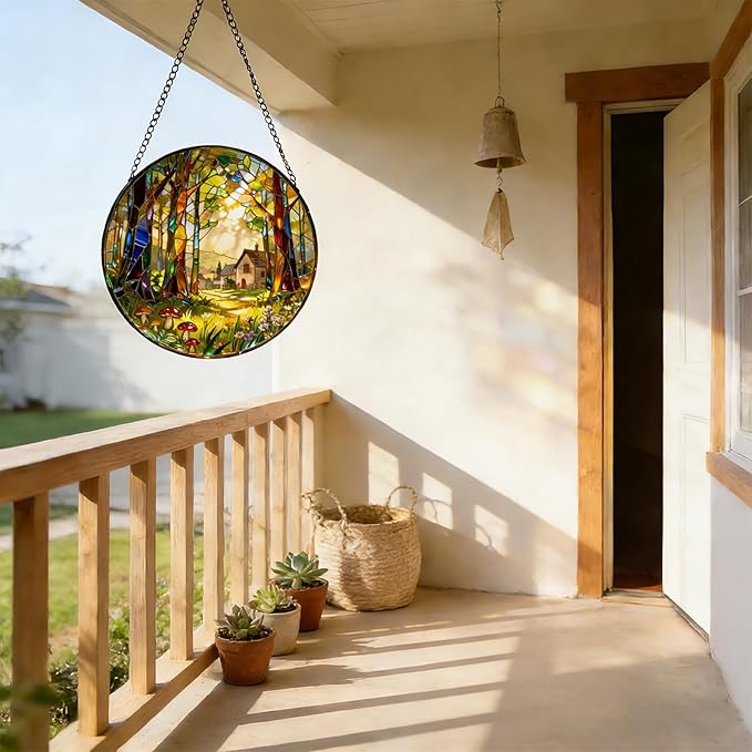 7.8 Inch Stained Glass Window Hanging, Forests and Trees Sun Catchers Glass Panel Green Suncatcher Decor for Birthday for Women, Men, Wife, Aunt, and Mom