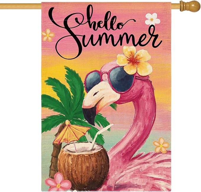 AVOIN colorlife Hello Summer Flamingo House Flag 28x40 Inch Double Sided Outside, Coastal Seasonal Yard Outdoor Flag