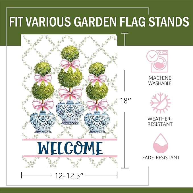 Chinoiserie Topiary Welcome Decorative Garden Flag, Blue and White Porcelain Botanical Small Yard Outside Decorations, Pink Bow Coquette Plant Burlap Outdoor Home Decor Double Sided 12 x 18