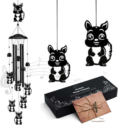 Squirrel Wind Chimes for Outside/Indoors, Squirrel Gifts for Women Mom Grandma, Aluminum Tubes Windchimes S Hook, 37" Wind Chime Hanging Decor for Home Patio Garden Porch Yard (Black-Squirrel)