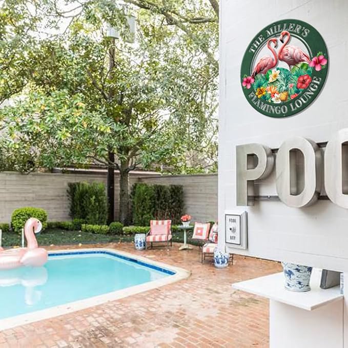 MeMate Flamingo Metal Sign, Outdoor Décor for Backyard, Patio, Pool, Kitchen, Lounge, Personalized Name Outdoor Sign, Pink Metal Sign Housewarming Gift for Family Friend