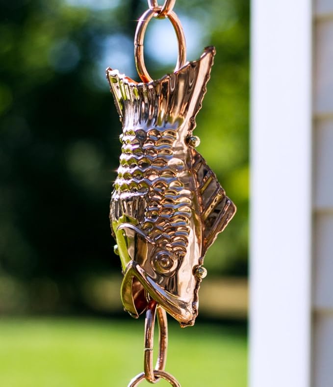 Good Directions 487P-8 Fish Rain Chain - 8.5 ft., with 4 Large Figures, Large Cups 100% Pure Copper