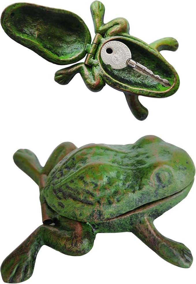 BSTGIFTS Iron Frog Key Hider - Outdoor Statue, Cast Iron, Green Frog, Hide a Key, Garden Decoration