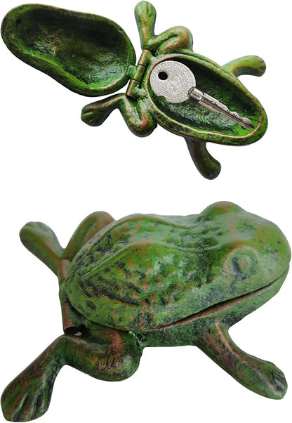 BSTGIFTS Iron Frog Key Hider - Outdoor Statue, Cast Iron, Green Frog, Hide a Key, Garden Decoration