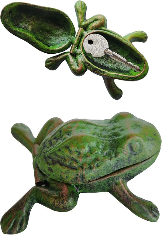 BSTGIFTS Iron Frog Key Hider - Outdoor Statue, Cast Iron, Green Frog, Hide a Key, Garden Decoration