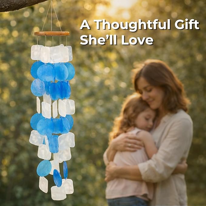 Solange & Frances Beach Decor Shell Wind Chimes for Outside, Sea Glass Wind Chimes, Gifts for a Beach Lover, Beachy Gifts for Women, Costal Decor, (Ocean Breeze)