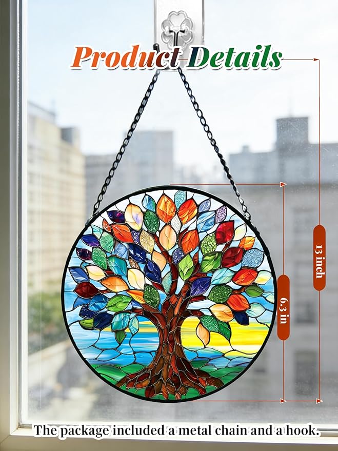 Stained Glass Window Hanging, Colorful Tree of Life Suncatcher for Door Home Decor, Glass Panel Sunrise Sun Catcher Ornament Mother's Day Birthday Gifts for Women Men Mom 6.3 in