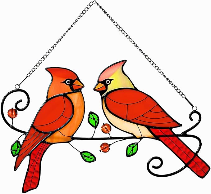 Cardinal Bird Stained Glass Window Hanging, Sun Catchers Indoor Panel, Nautical Suncatcher Decor for Home, Wall, Garden, Coastal Ornament, Gift for Women and Mom