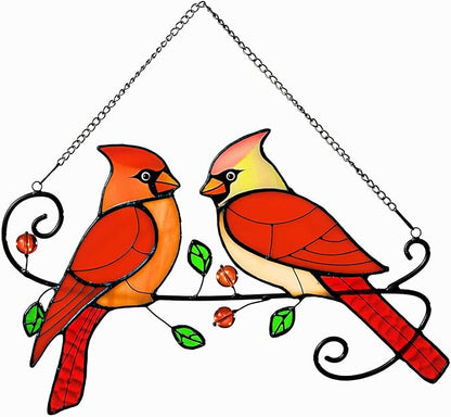 Cardinal Bird Stained Glass Window Hanging, Sun Catchers Indoor Panel, Nautical Suncatcher Decor for Home, Wall, Garden, Coastal Ornament, Gift for Women and Mom