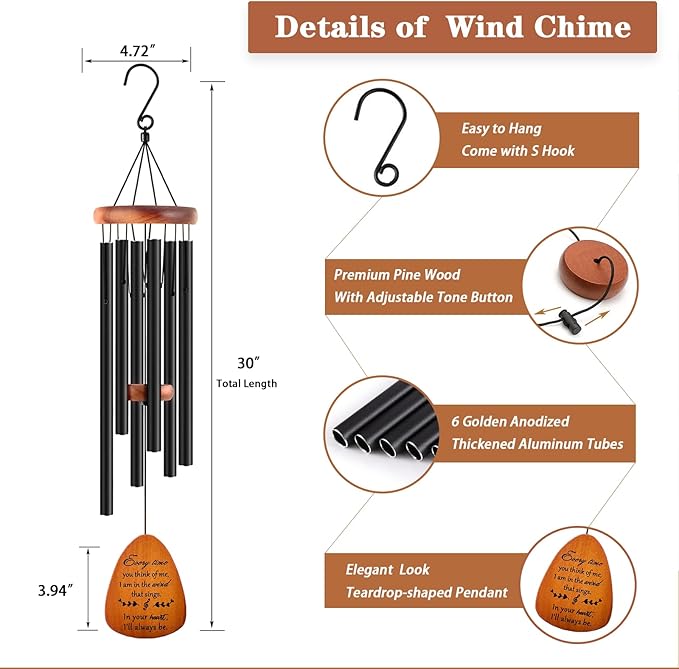 Soopau Sympathy Wind Chimes, Memorial Wind Chimes for Loss of Loved One, Sympathy/Memorial/Bereavement/Condolence Funeral Gifts in Memory of a Loved One Mother Father, 30" Wooden