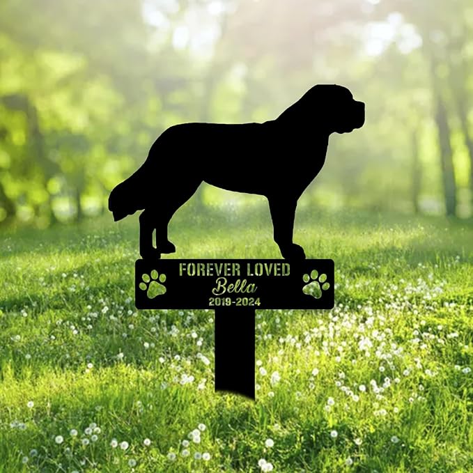 Custom Saint Bernard Dog Metal Memorial Garden Stake Personalized Pet Grave Marker Name Sign Remembrance Stake Decor Sympathy Dog Loss,Outdoor Statues for Yard Garden Lawn Patio Pathway Grave Gift.