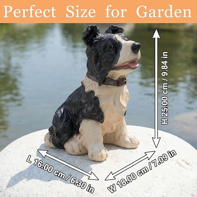 Real Border Collie Garden Statue - Resin Realistic Dog Sculpture, Pet Loss Memorial Stone, for Dog Lovers, Indoor/Outdoor Decor, Animal Figurine for Yard Ornaments