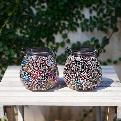 Stargarden 2 Pack Mosaic Solar Lantern ,Outdoor Hanging Waterproof Mosaic Light Solar Table Lamp for Garden ,Patio,Yard Decor (Red)