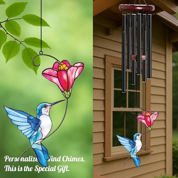 Personalized Metal Wind Chime Garden Sign, 40 Inch Outdoor Colorful Bird & Flower Memorial Decor, Yard Hanging Plaque for Patio Porch Lawn (JSTY368)