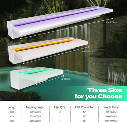 Pamopamo Pond Waterfall Spillway, APP Control Multi-Color LED Light Outdoor Pool Fountain, Acrylic Water Spillway Koi Fountains Kit for Garden Patio Swimming Pool Decoration - 23.6"x7.8"x3.9"