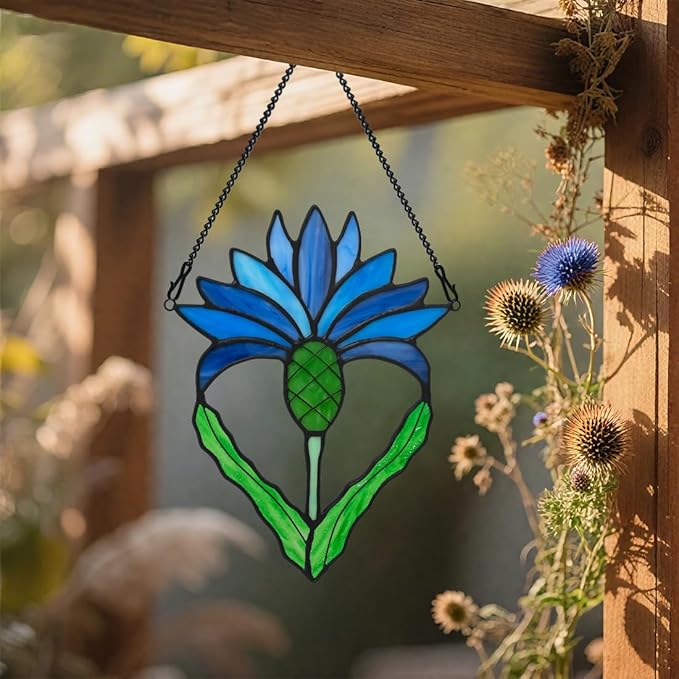 Scottish Thistle Flower Gifts Stained Glass Window Hanging,Fake Blue Flowers Decor Stained Glass Suncatcher,Artificial Flower Gift for Women Mom Grandma
