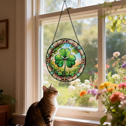 Stained Glass Window Hanging, Shamrock Suncatcher Decor, Clover Wall Art Ornament Decorations for Home Bedroom Garden Farmhouse, Birthday Housewarming Gift for Women Mom, 7.8 Inch