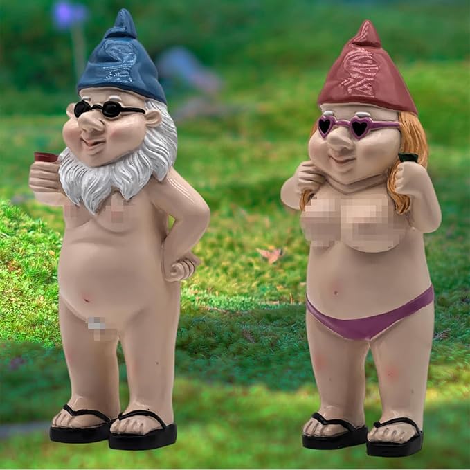 MINICAR Gnome Statue Garden Outdoor Decor Set of 2, Funny Dwarf Sculptures Yard Decorations, Naughty, 8'' Tall