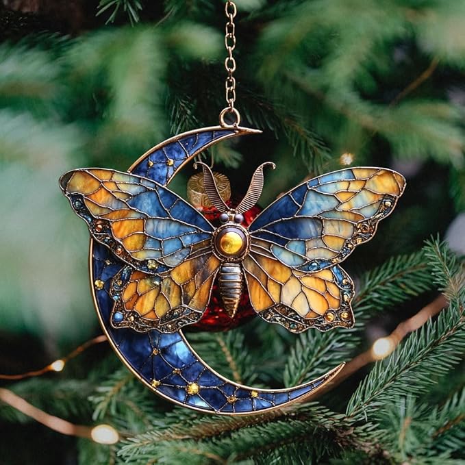 Vivid Tiffany Butterfly Moon Art Acrylic Suncatcher Stained Glass Effect Window Car Hanging Christmas Ornament Indoor Outdoor Decor Garden Sun Catcher Panel for Boho Lover for Women Mom Grandma