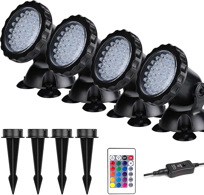 Pond Lights Submersible Color Changing Fountain Lights LED Underwater with Remote, 36 LED Bulbs Underwater Landscape Light for Aquarium Garden Pool Lawn Shallow 3 Installation Way with Stakes