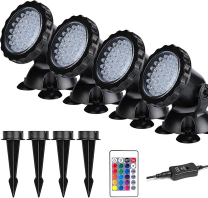 Pond Lights Submersible Color Changing Fountain Lights LED Underwater with Remote, 36 LED Bulbs Underwater Landscape Light for Aquarium Garden Pool Lawn Shallow 3 Installation Way with Stakes