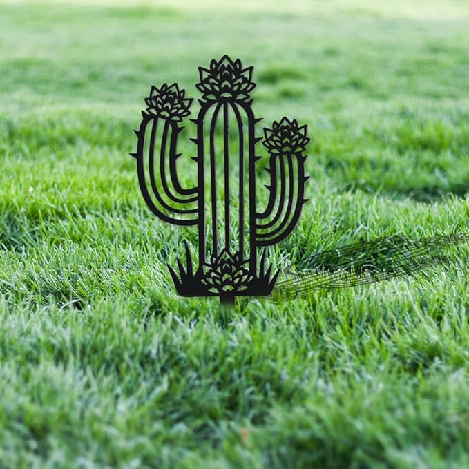 WADORN Cactus Metal Decorative Garden Stakes, Tropical Plant Silhouette Metal Outdoor Statues Funny Garden Ornament Gifts Black Yard Art Decoration for Outdoor Backyard Patio Lawn Walkways