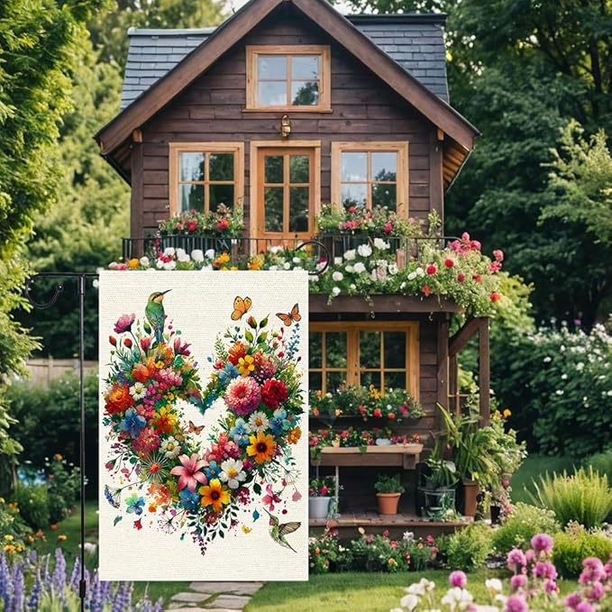 Colorful Floral Love Hearts Garden Flag 12x18 Inch Double Sided Small Burlap Birds Flowers Butterflies Outdoor Decorations Spring Summer Garden Flags Patio Yard Outside Decor