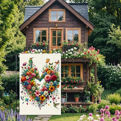 Colorful Floral Love Hearts Garden Flag 12x18 Inch Double Sided Small Burlap Birds Flowers Butterflies Outdoor Decorations Spring Summer Garden Flags Patio Yard Outside Decor