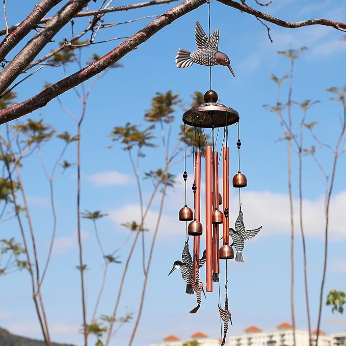 Hummingbird Wind Chimes Outdoor Indoor Decor, with 4 Aluminum Tubes 6 Bells 7 Hummingbirds, Mobile Wind Catcher, Memorial Windchimes for Home, Xmas Mom Gifts, Festival, Balcony, Garden Decoration