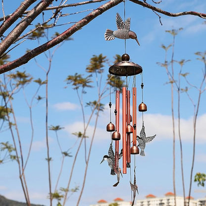 Hummingbird Wind Chimes Outdoor Indoor Decor, with 4 Aluminum Tubes 6 Bells 7 Hummingbirds, Mobile Wind Catcher, Memorial Windchimes for Home, Xmas Mom Gifts, Festival, Balcony, Garden Decoration